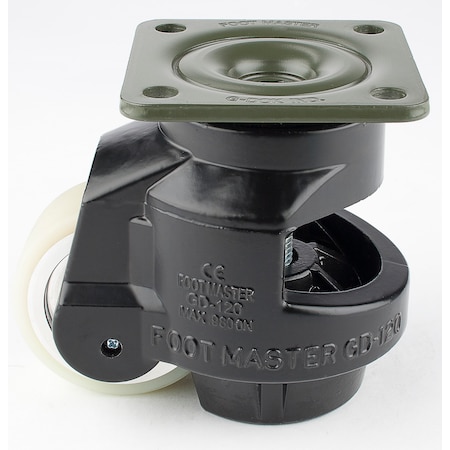 Foot Master Leveling Caster, 75 mm Polyurethane Wheel, 95x95 mm Plate, Swivel, 1000 kg Cap, Al Foot Pad, Black GD-120-F-HUP-FBL